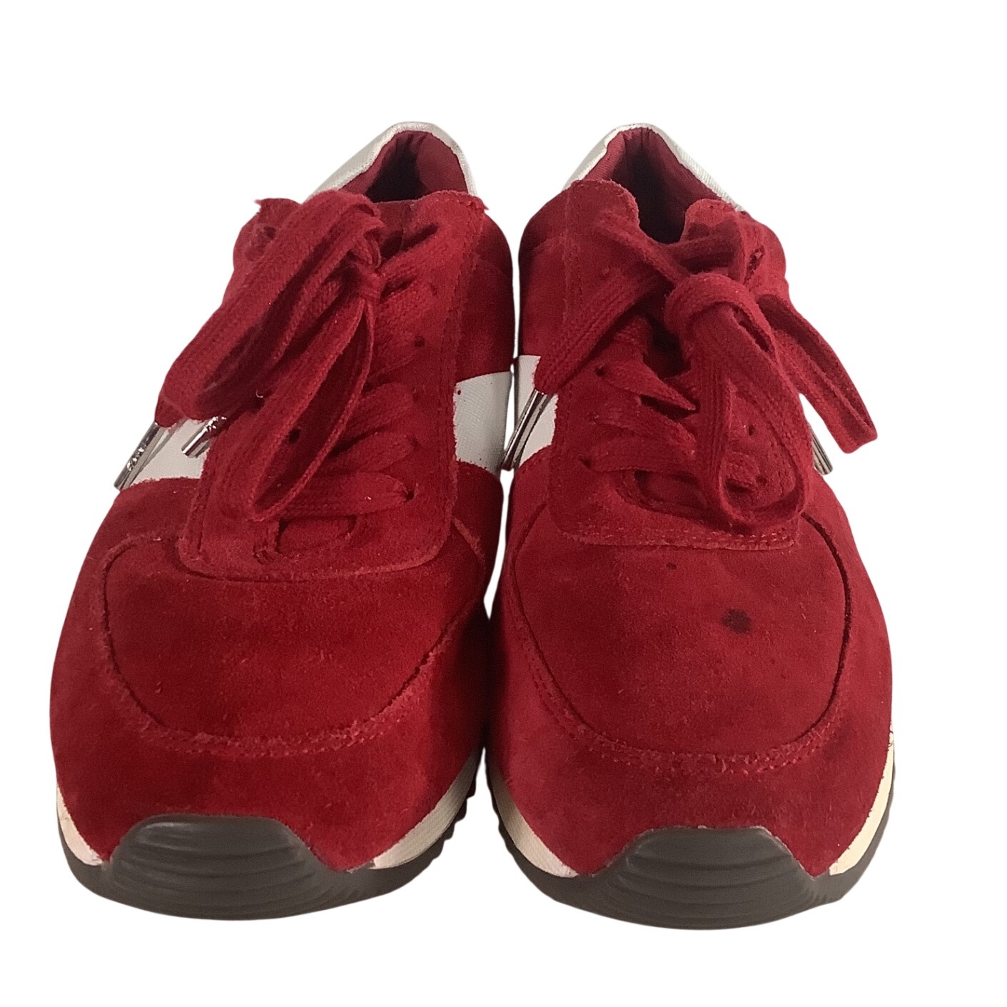 Michael Kors Allie Stride Red Suede Silver White Lace Up Sneakers Shoes Womens